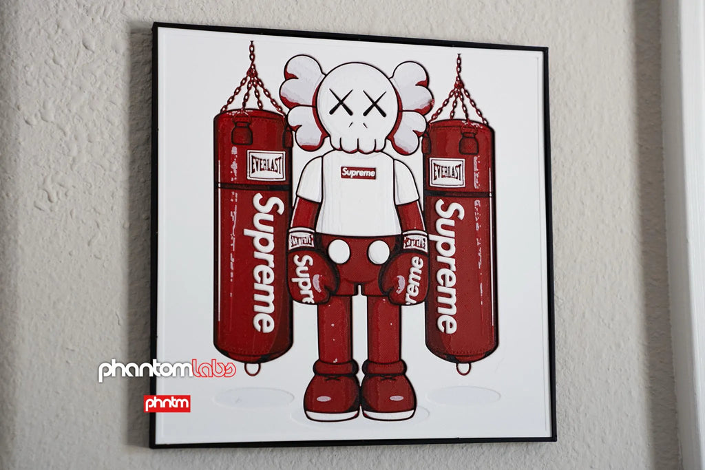Supreme KAWS Boxing Wall Art Framed 3D Print - White Red Street Art Decor with Hanging Hole