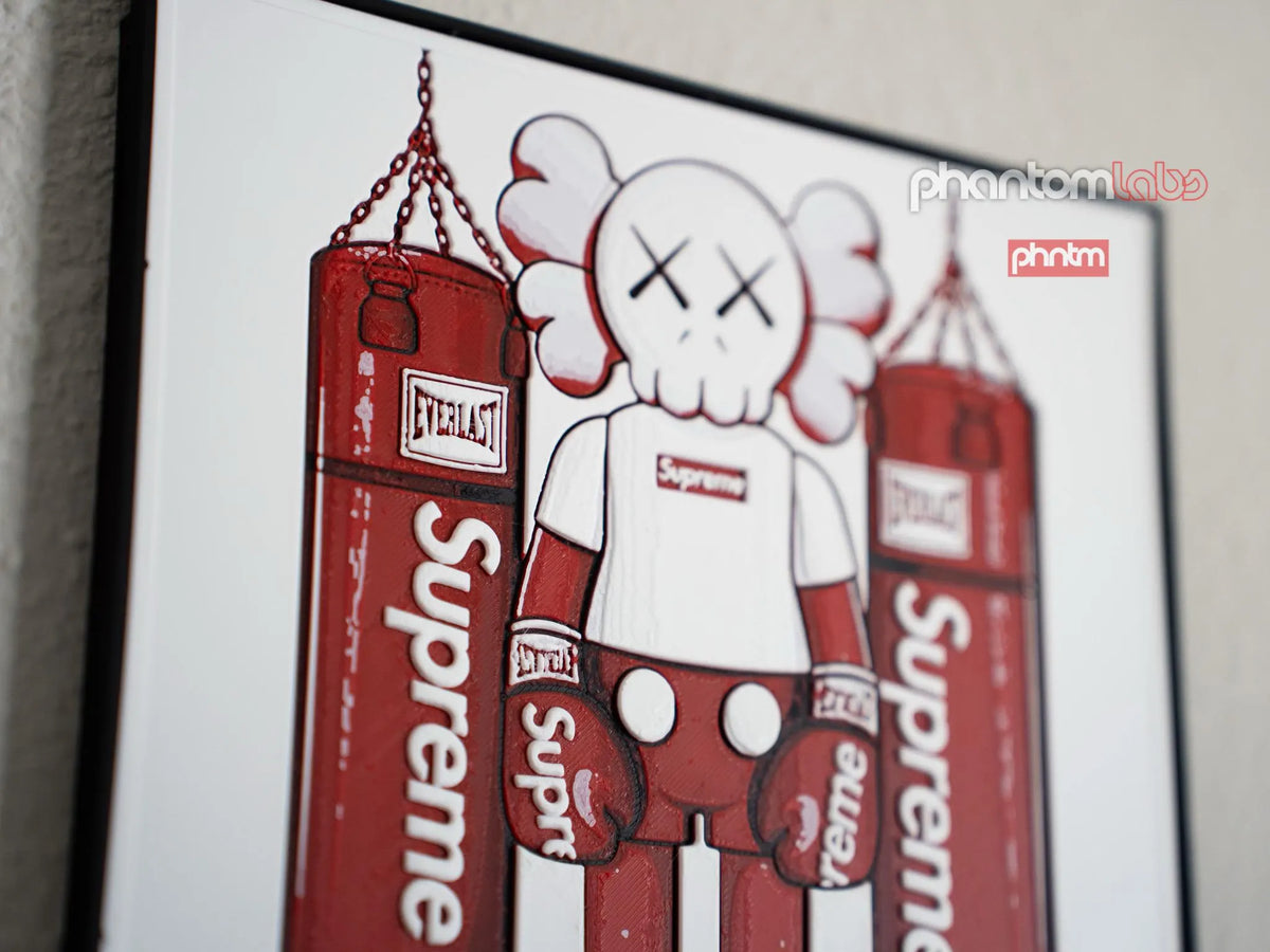 Supreme KAWS Boxing Wall Art Framed 3D Print - White Red Street Art Decor with Hanging Hole