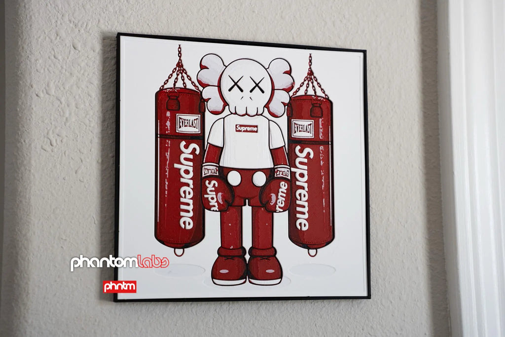 Supreme KAWS Boxing Wall Art Framed 3D Print - White Red Street Art Decor with Hanging Hole