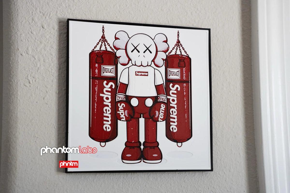 Supreme KAWS Boxing Wall Art Framed 3D Print - White Red Street Art Decor with Hanging Hole