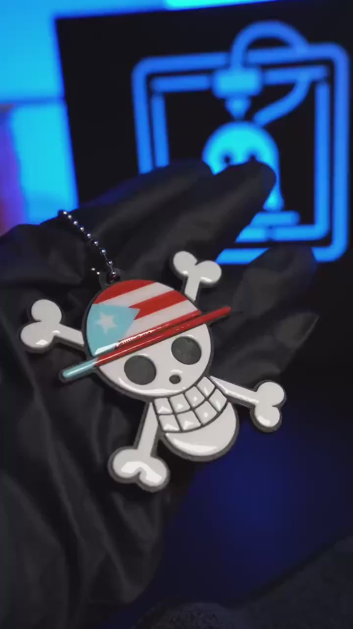 Puerto Rican Straw Hat Pirate Keychain | Anime Inspired Llavero | Puerto Rico Flag Jolly Roger